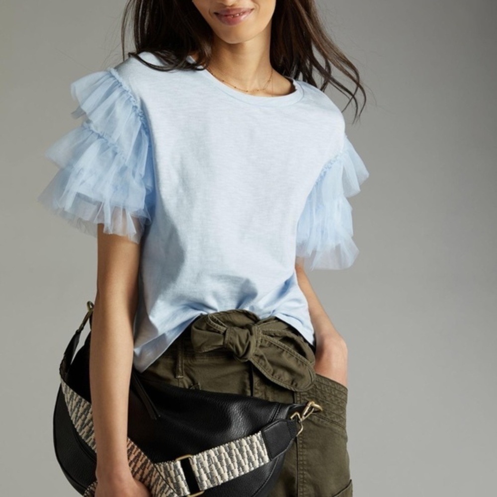 NWT Anthropologie Blue Ruffled Tulle Sleeve Top XSP